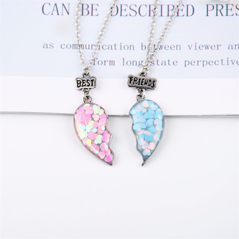 Wholesale Colorful Sequins Good Friends One Pair of Stitching Heart Necklace